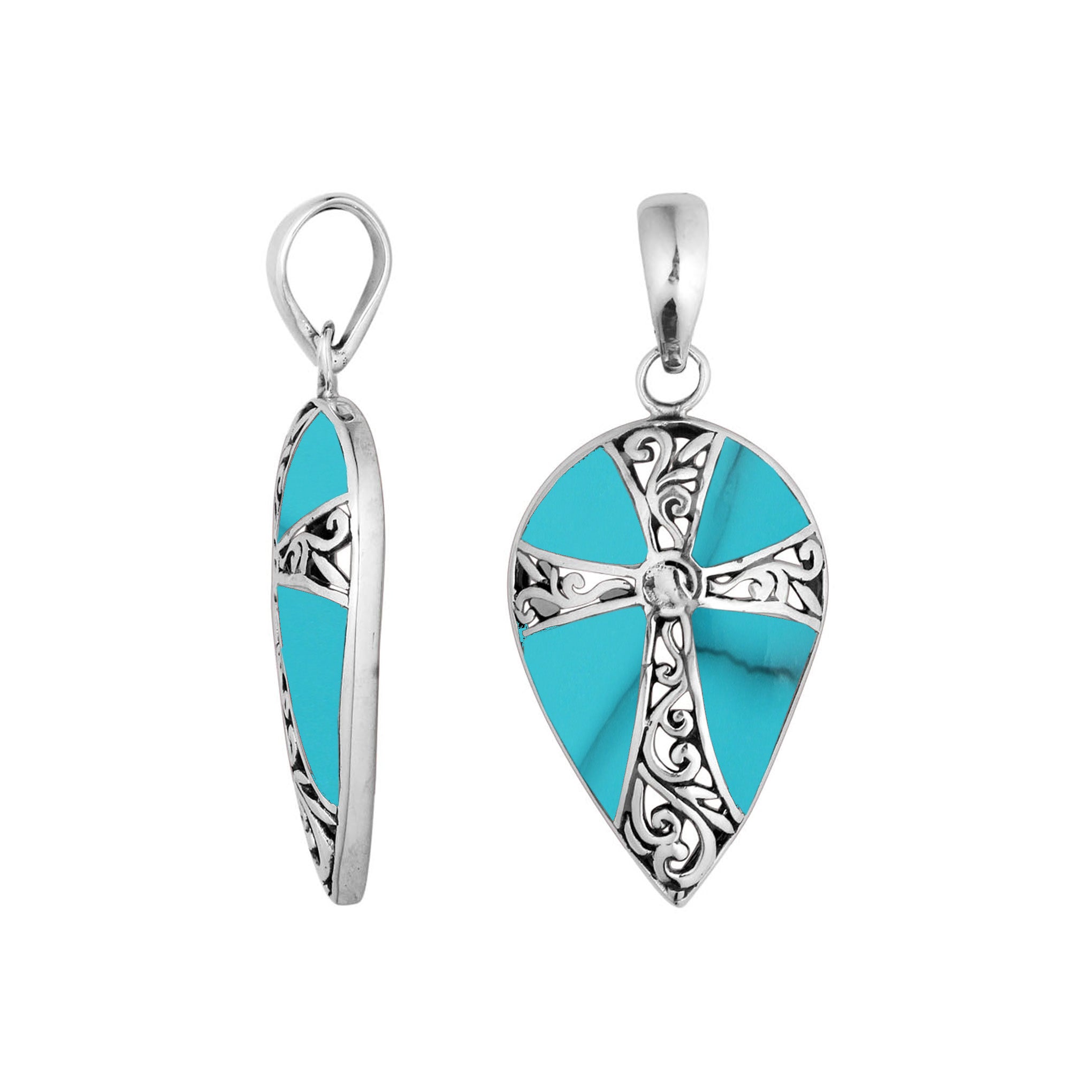 Wholesale sterling silver teardrop pendant with turquoise shell inlay and ornate cross design, handcrafted in Bali – artisan bulk jewelry for boutiques and resellers.