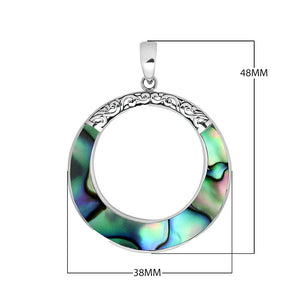 Wholesale sterling silver round pendant with abalone shell inlay, open circle design, and ornate silver detailing – handcrafted Bali jewelry