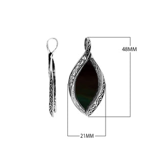 Wholesale sterling silver marquise pendant with genuine black shell inlay and intricate Balinese carving, handcrafted in Bali.