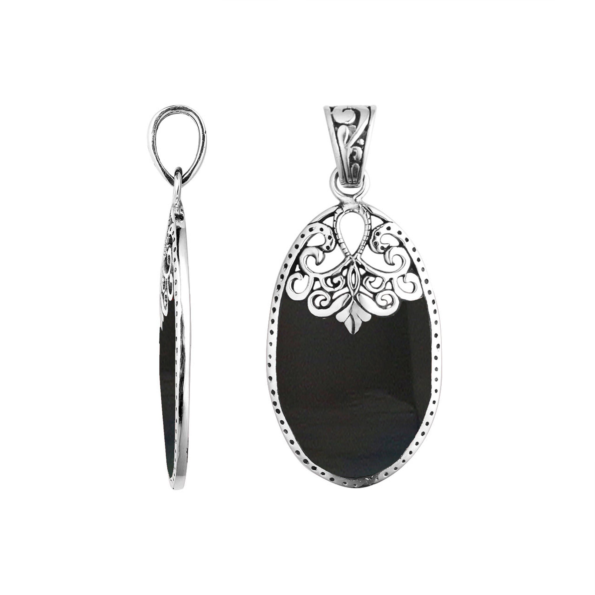 Wholesale sterling silver oval pendant with genuine black shell inlay and ornate Balinese filigree detailing, handcrafted in Bali.