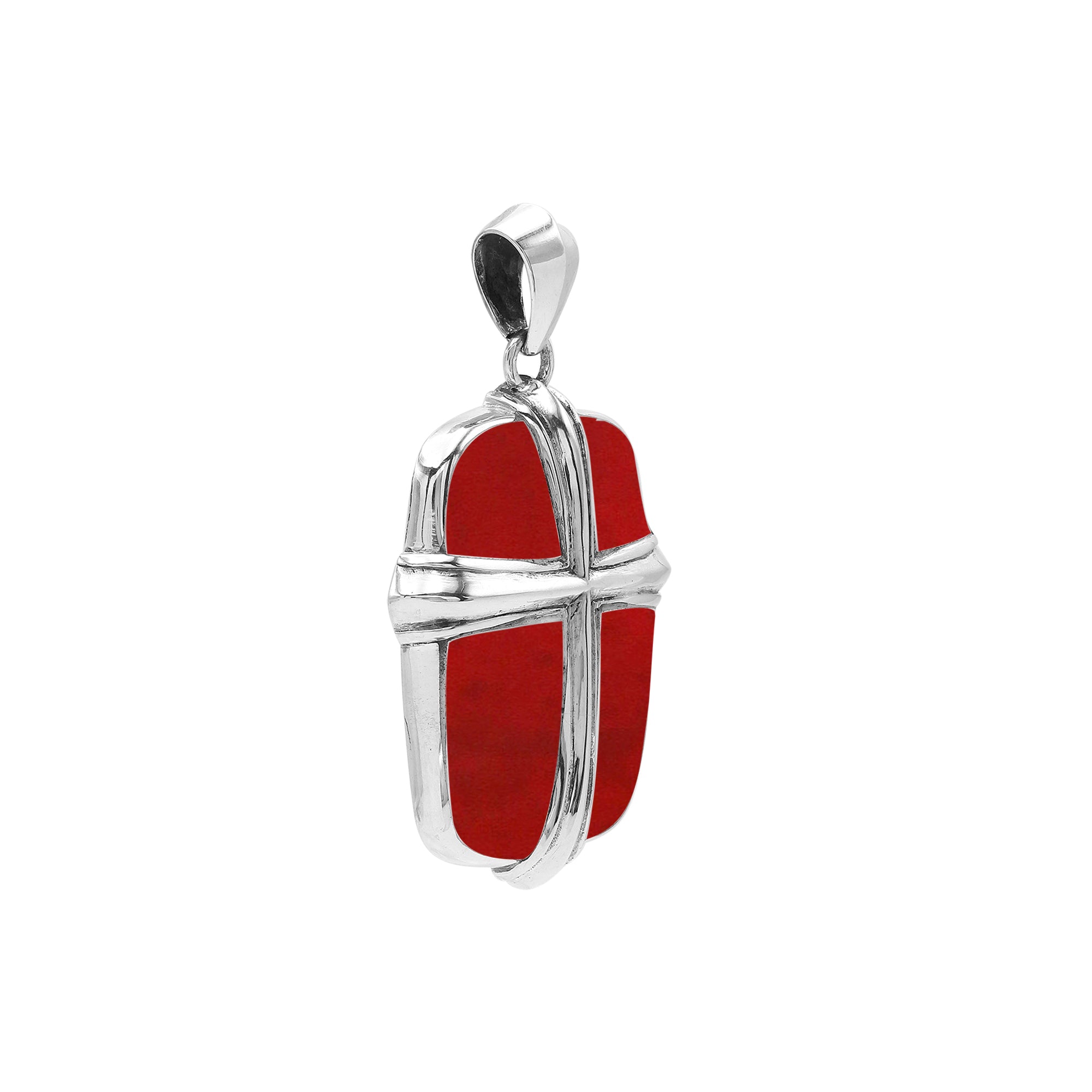 Wholesale sterling silver cross pendant with vibrant red coral inlay, handcrafted Bali artisan jewelry for bulk buyers.