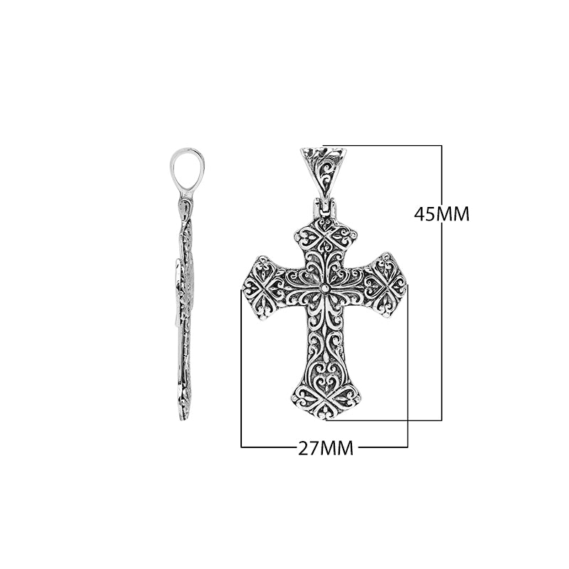 Wholesale sterling silver ornate cross pendant with intricate scrollwork and oxidized finish, handcrafted Bali artisan jewelry for bulk buyers.