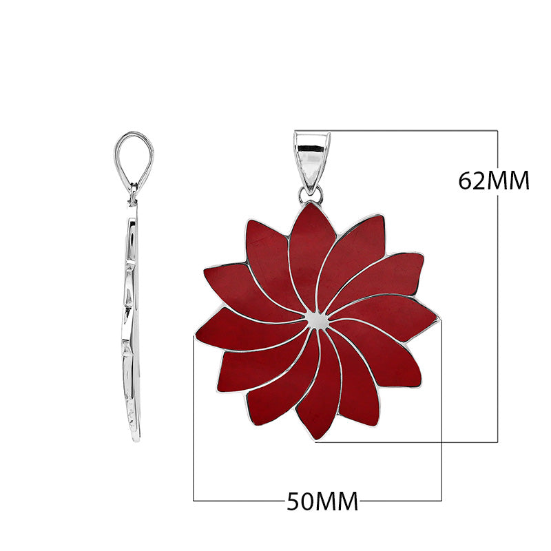 Sterling silver flower pendant with genuine red coral, handcrafted in Bali with petal design – wholesale jewelry supplier.