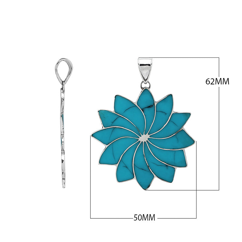 Sterling silver flower pendant with genuine Turquoise Shell, handcrafted in Bali with multi-petal design – wholesale jewelry supplier.