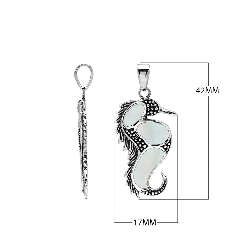 Wholesale sterling silver seahorse pendant with genuine mother of pearl inlay, handcrafted in Bali – artisan ocean-inspired jewelry for bulk buyers.