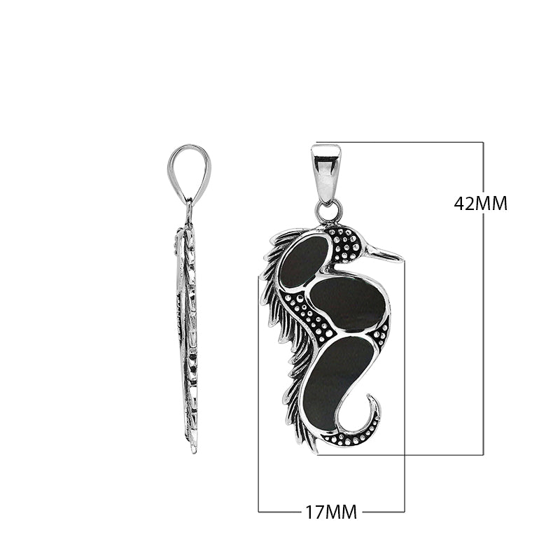 Wholesale sterling silver seahorse pendant with black shell inlay, handcrafted Bali design jewelry for resellers.