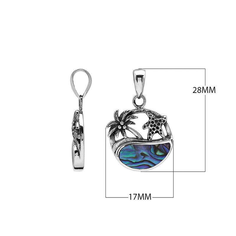 Wholesale sterling silver pendant with palm tree and starfish design, abalone shell inlay, handcrafted Bali jewelry for resellers