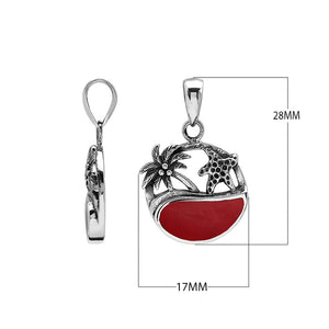 Sterling silver pendant with red coral inlay, palm tree and starfish design – handcrafted in Bali for wholesale.