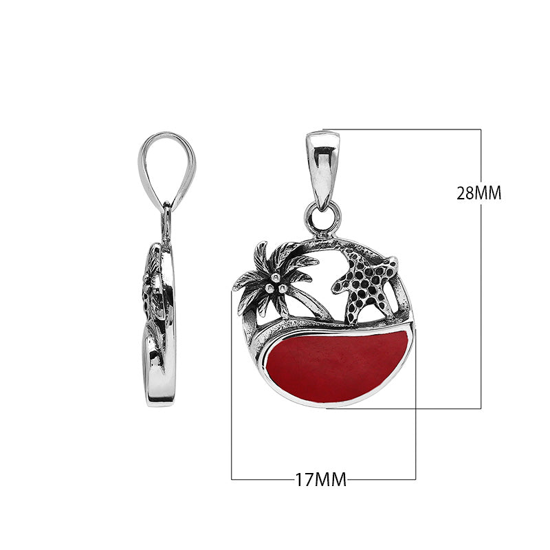 Sterling silver pendant with red coral inlay, palm tree and starfish design – handcrafted in Bali for wholesale.