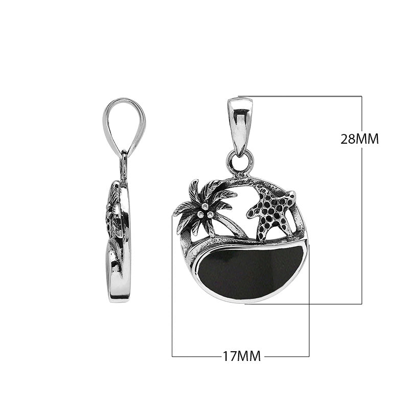 Sterling silver pendant with black shell inlay, palm tree and starfish design – handcrafted in Bali for wholesale.