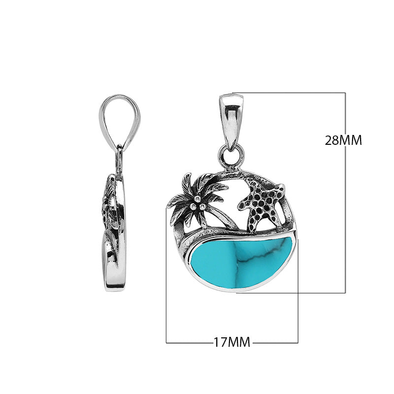 Sterling silver pendant with turquoise shell inlay, palm tree and starfish design – handcrafted in Bali for wholesale.