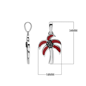 Sterling silver palm tree pendant with red coral inlay, handmade in Bali for wholesale jewelry collections.
