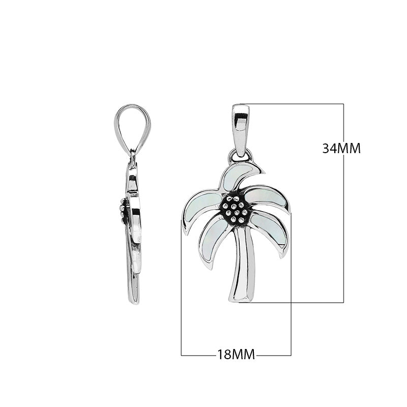 Sterling silver palm tree pendant with Mother of Pearl inlay, handmade in Bali for wholesale jewelry collections.