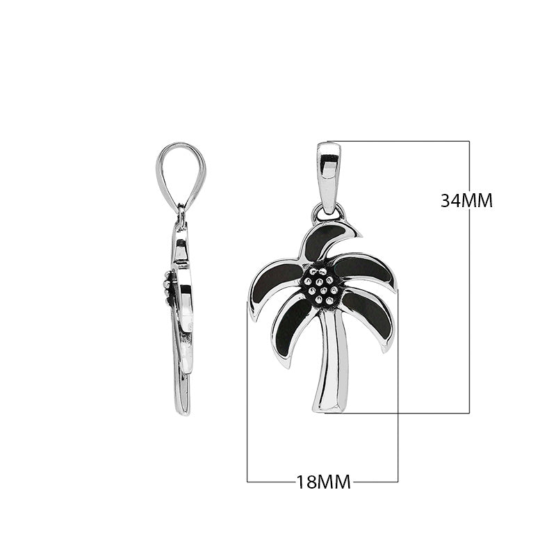 Sterling silver palm tree pendant with black shell inlay, handmade in Bali for wholesale jewelry buyers.