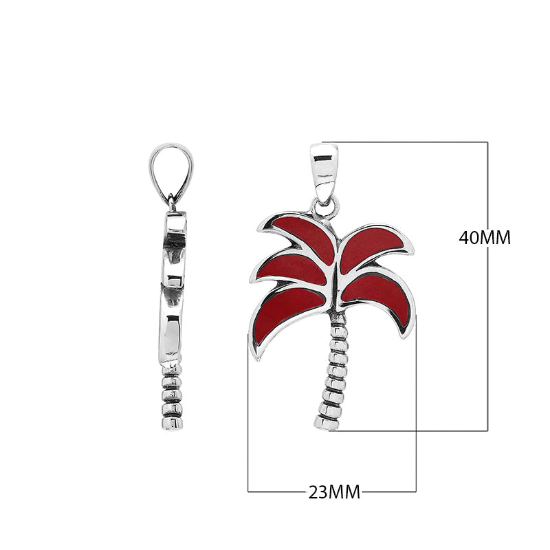 Sterling silver palm tree pendant with red coral inlay and textured trunk, handmade in Bali for wholesale buyers.