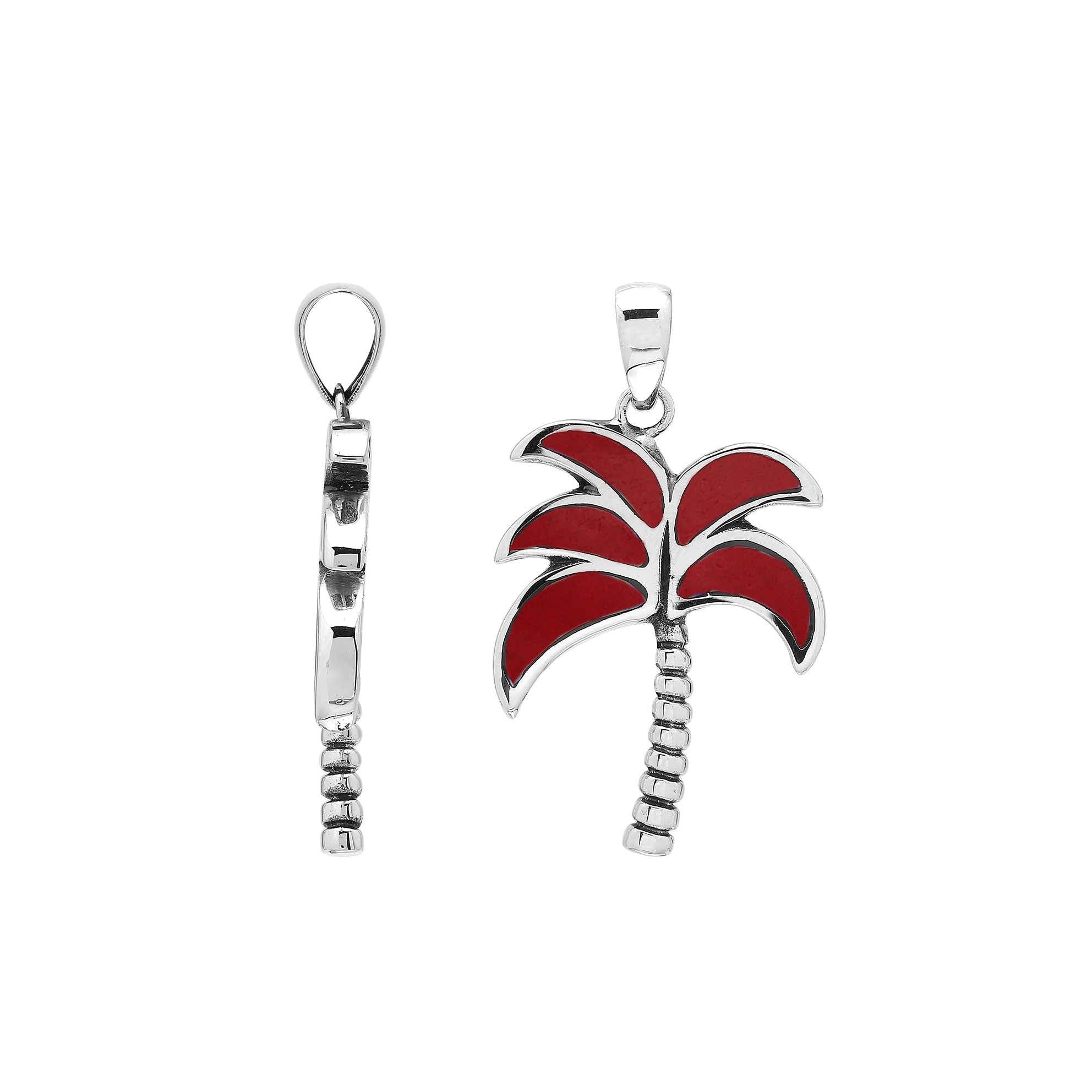 Sterling silver palm tree pendant with red coral inlay and textured trunk, handmade in Bali for wholesale buyers.