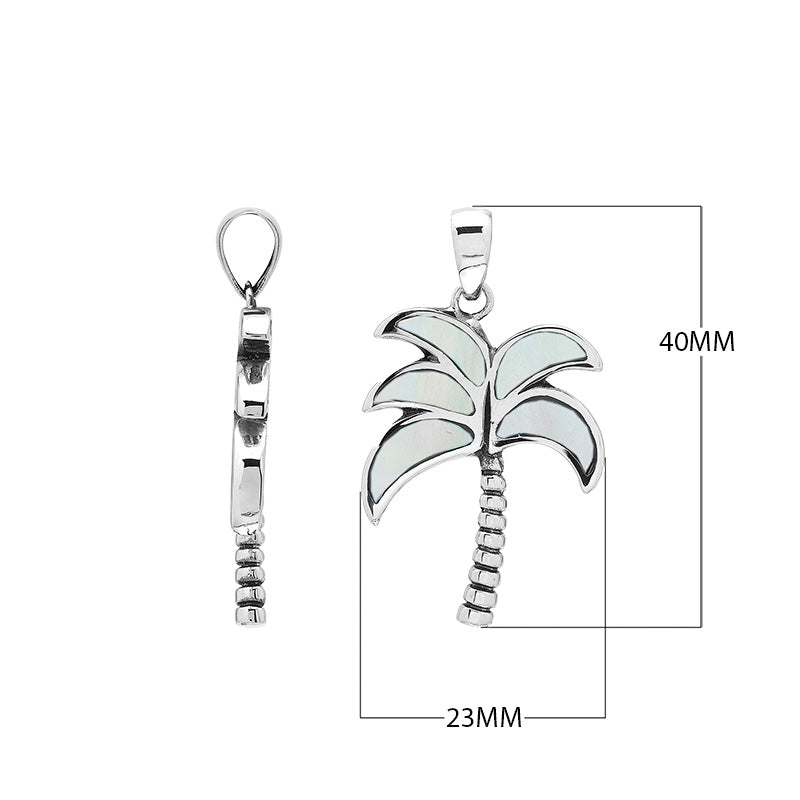 Sterling silver palm tree pendant with Mother of Pearl inlay and textured trunk, handmade in Bali for wholesale buyers.