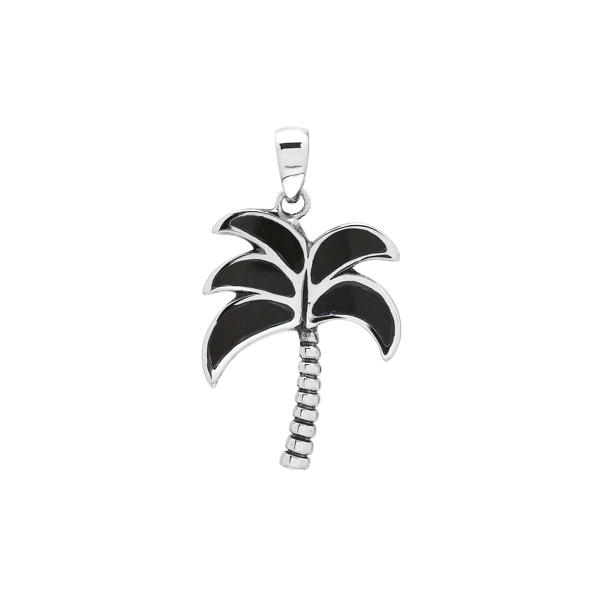 Sterling silver palm tree pendant with black shell inlay and textured trunk, handmade in Bali for wholesale buyers.