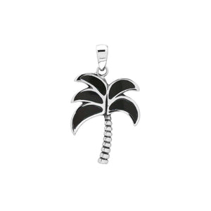 Sterling silver palm tree pendant with black shell inlay and textured trunk, handmade in Bali for wholesale buyers.