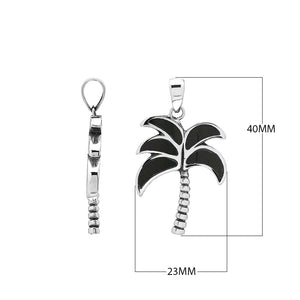 Sterling silver palm tree pendant with black shell inlay and textured trunk, handmade in Bali for wholesale buyers.