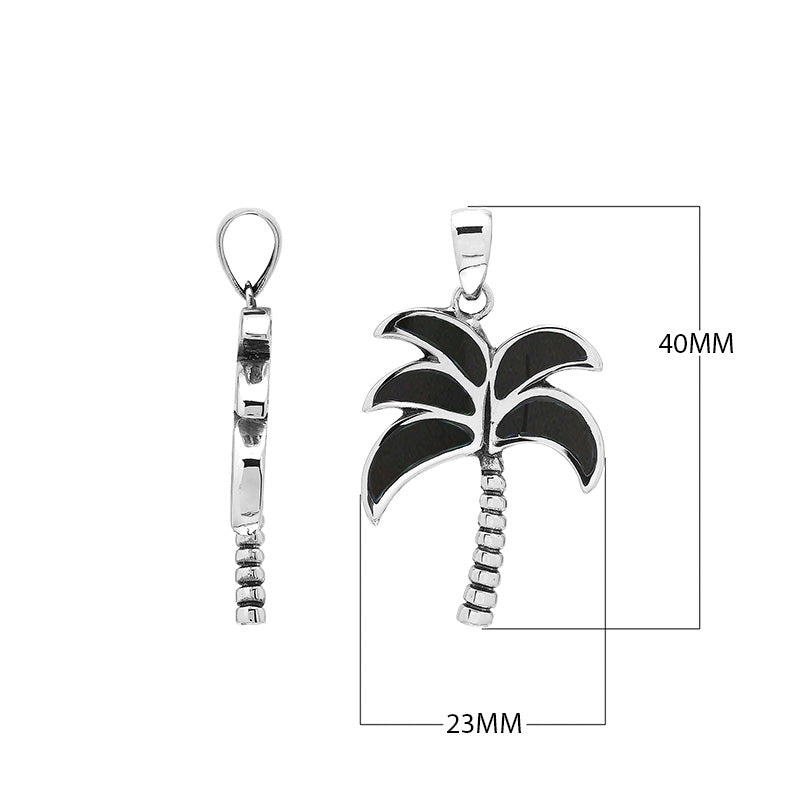 Sterling silver palm tree pendant with black shell inlay and textured trunk, handmade in Bali for wholesale buyers.