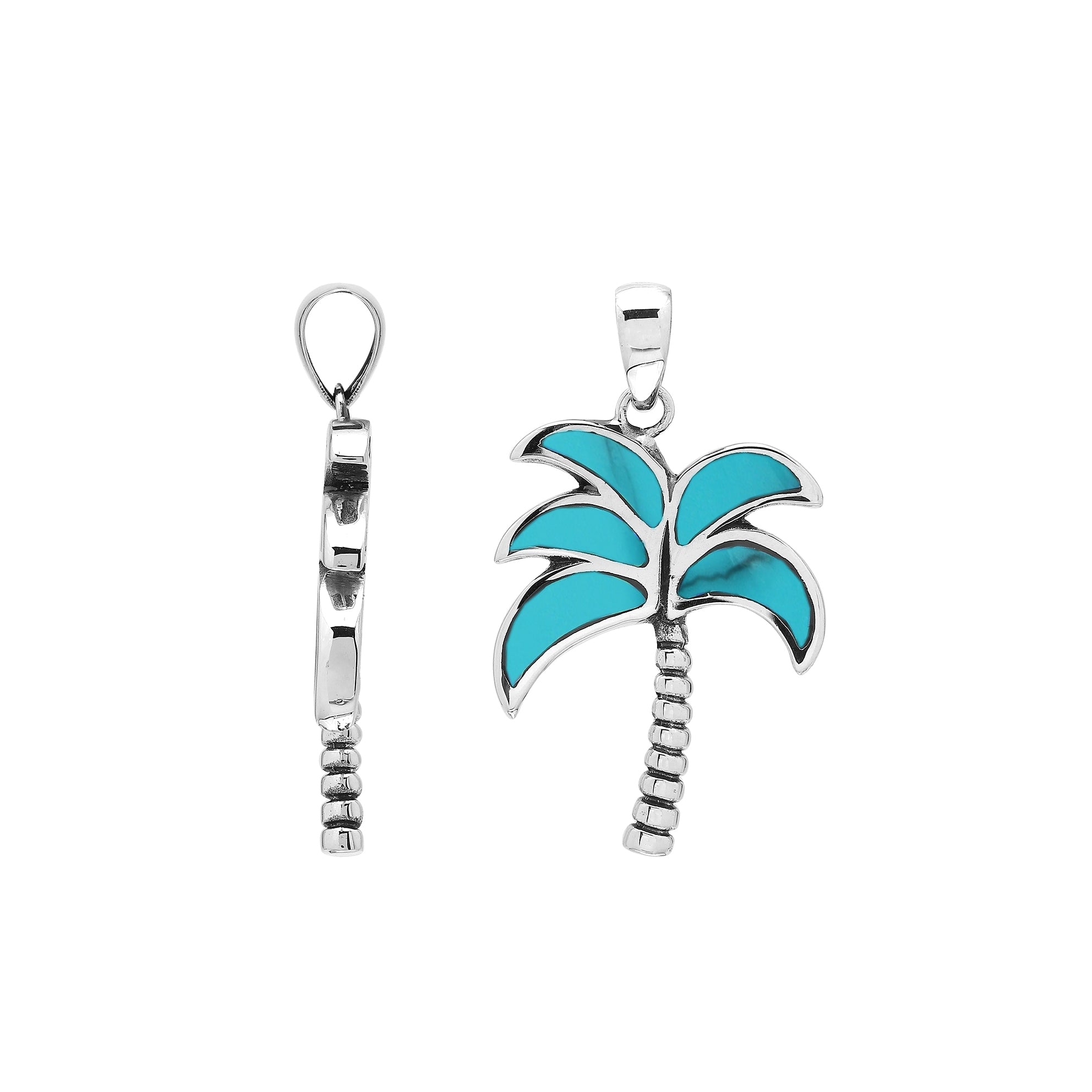 Sterling silver palm tree pendant with turquoise inlay and textured trunk, handmade in Bali for wholesale jewelry buyers.