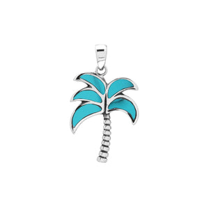 Sterling silver palm tree pendant with turquoise inlay and textured trunk, handmade in Bali for wholesale jewelry buyers.