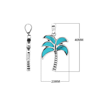 Sterling silver palm tree pendant with turquoise inlay and textured trunk, handmade in Bali for wholesale jewelry buyers.