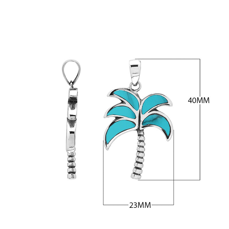 Sterling silver palm tree pendant with turquoise inlay and textured trunk, handmade in Bali for wholesale jewelry buyers.