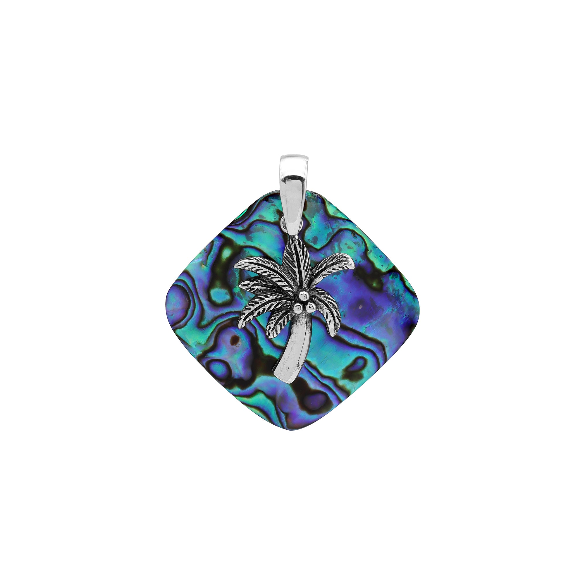Sterling silver palm tree pendant on abalone shell diamond-shaped base, handmade in Bali for wholesale jewelry buyers.