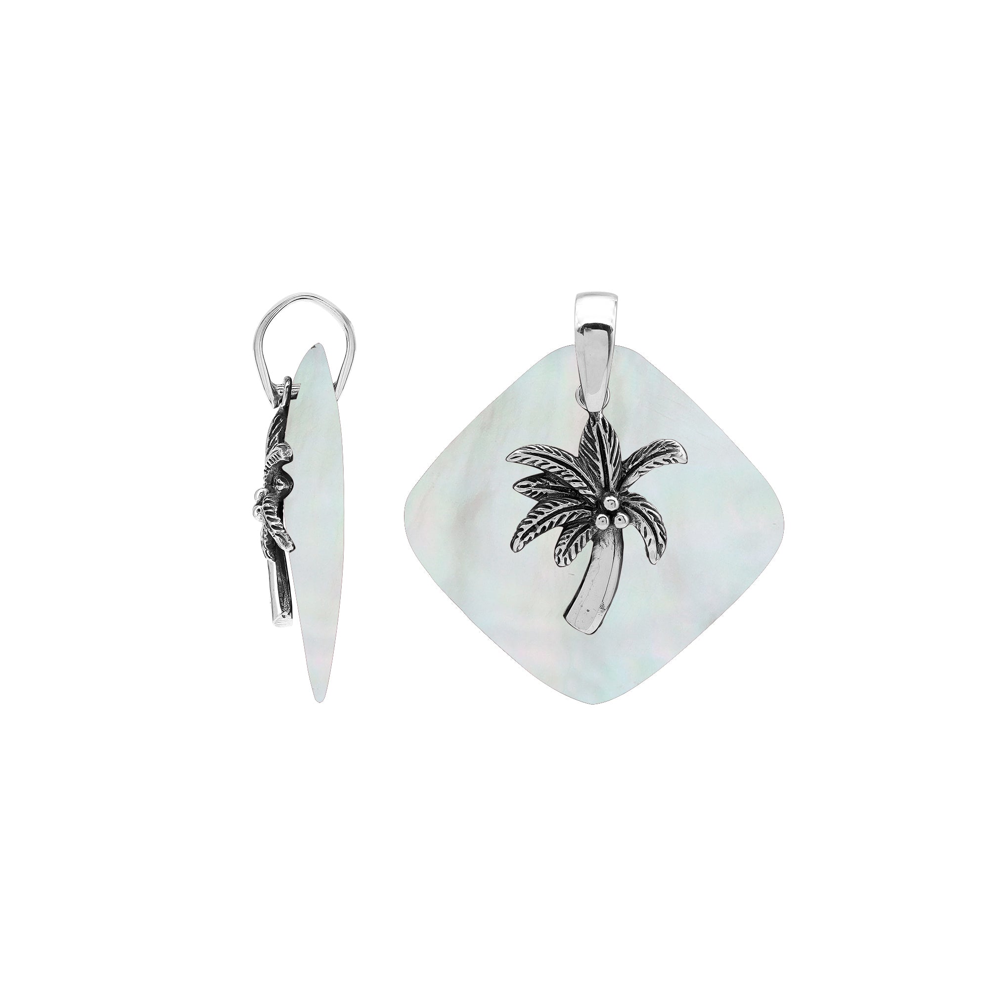 Sterling silver palm tree pendant on Mother of Pearl diamond-shaped base, handmade in Bali for wholesale jewelry buyers.