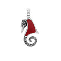 Sterling silver seahorse pendant with coral inlay and Balinese scroll detailing, handmade in Bali for wholesale buyers.
