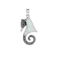 Sterling silver seahorse pendant with Mother of Pearl inlay and Balinese scroll detailing, handmade in Bali for wholesale buyers.