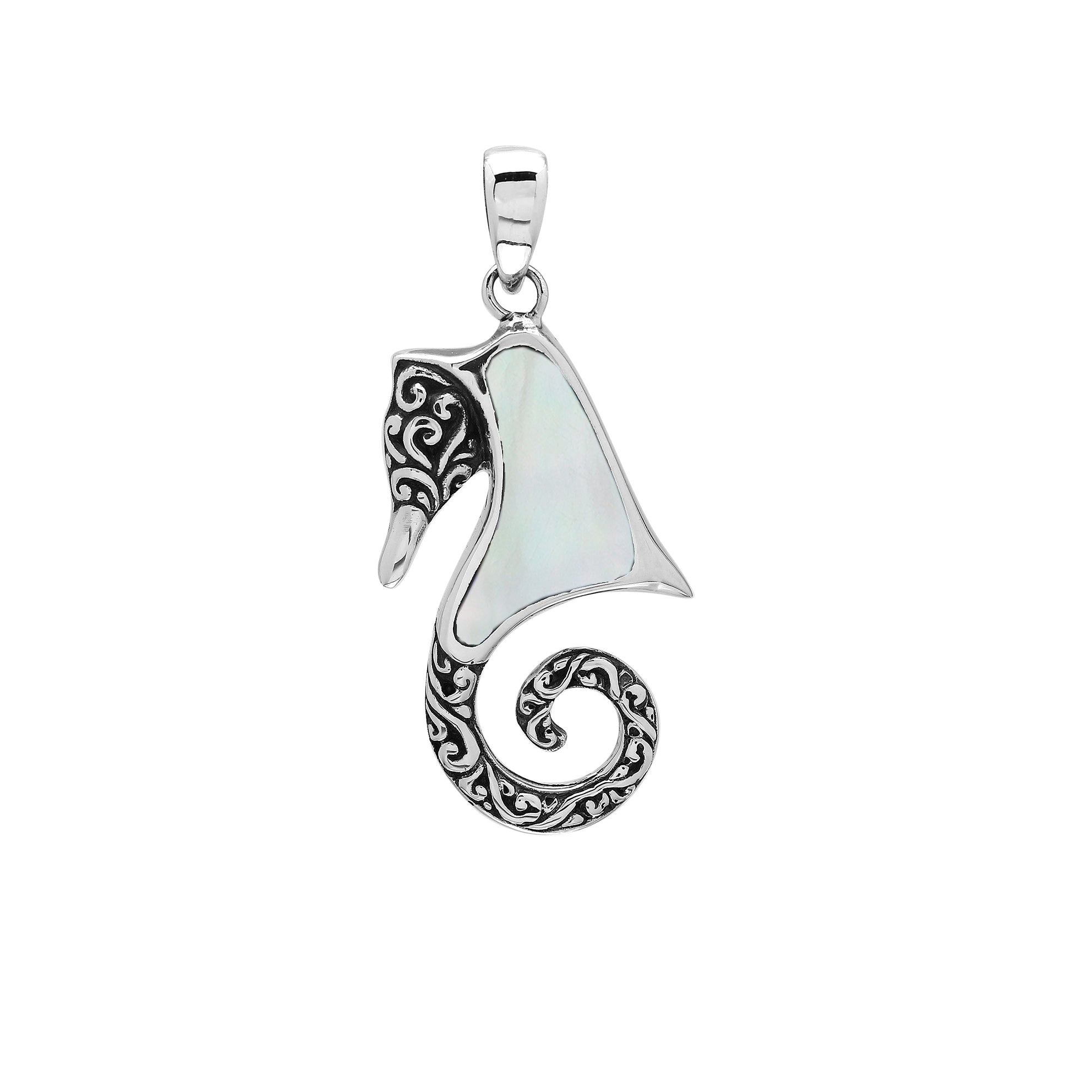 Sterling silver seahorse pendant with Mother of Pearl inlay and Balinese scroll detailing, handmade in Bali for wholesale buyers.