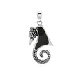 Sterling silver seahorse pendant with black shell inlay and Balinese scrollwork, wholesale jewelry.