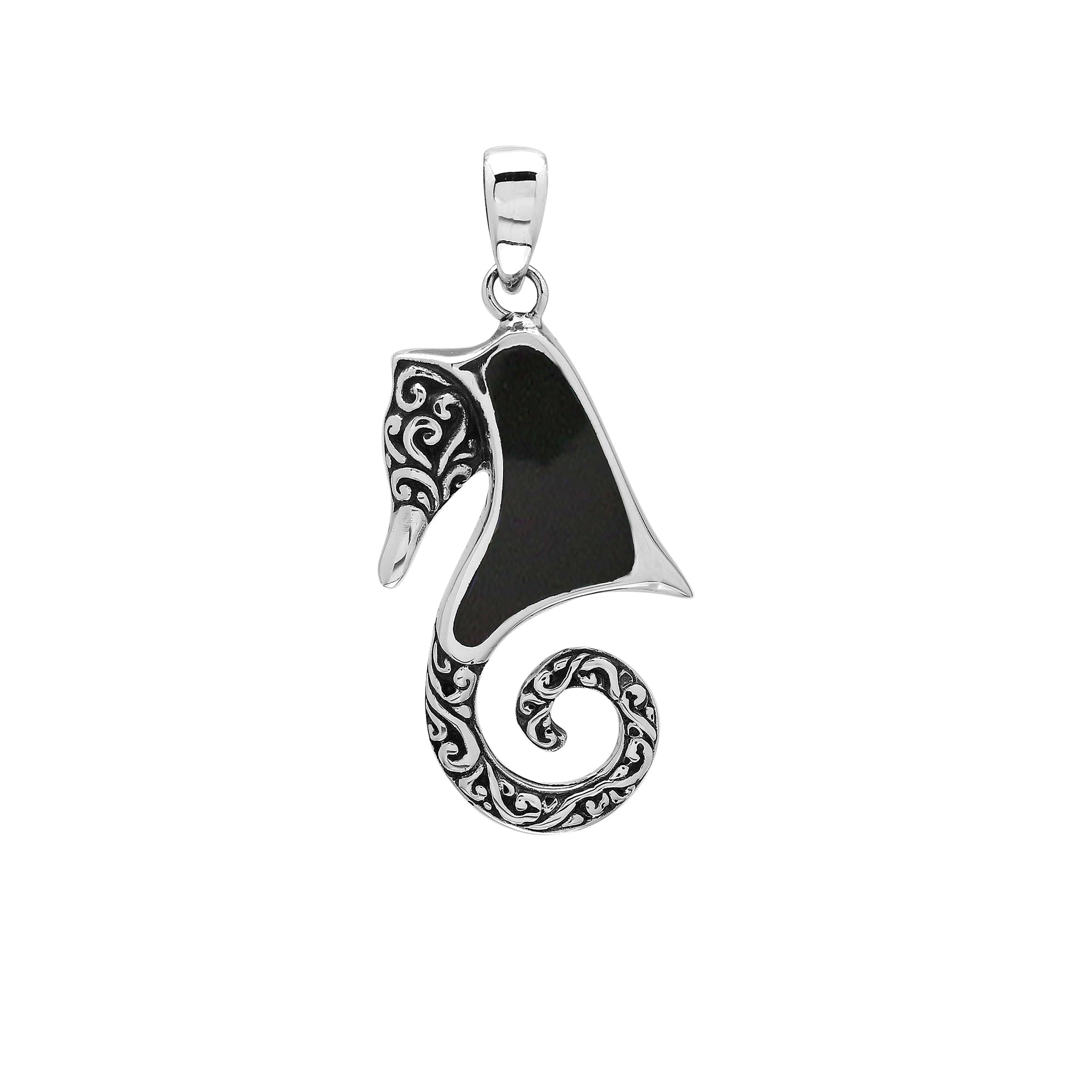 Sterling silver seahorse pendant with black shell inlay and Balinese scrollwork, wholesale jewelry.