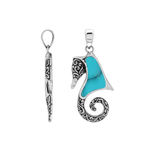Sterling silver wholesale seahorse pendant with turquoise inlay and Balinese design.