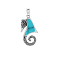Sterling silver wholesale seahorse pendant with turquoise inlay and Balinese design.