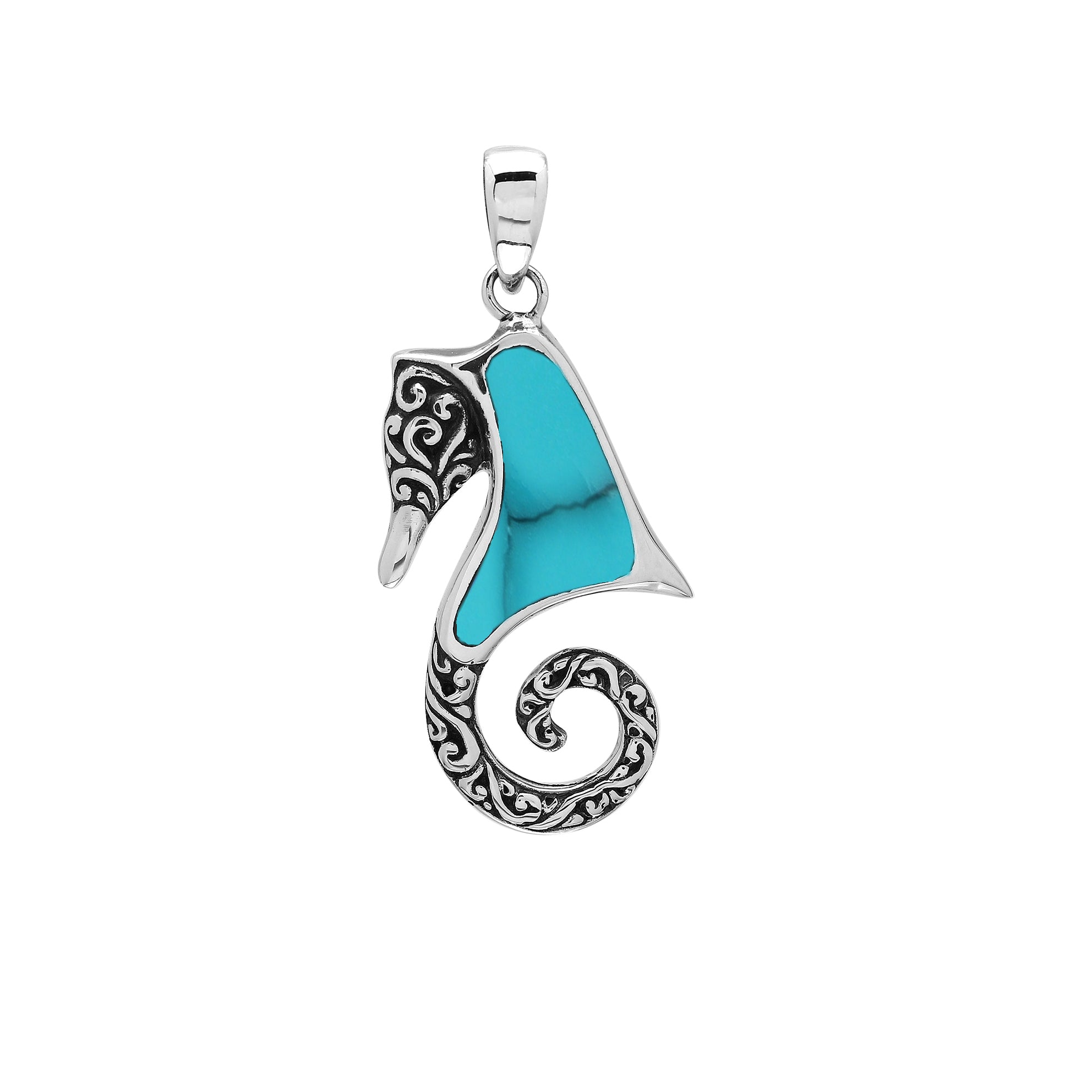 Sterling silver wholesale seahorse pendant with turquoise inlay and Balinese design.