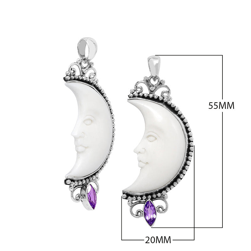 Sterling silver half-moon pendant with carved bone face and amethyst quartz, Balinese design.