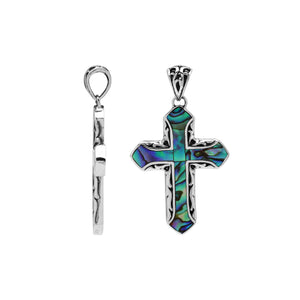 Sterling silver cross pendant with abalone shell inlay and Balinese silver detailing, wholesale artisan jewelry.