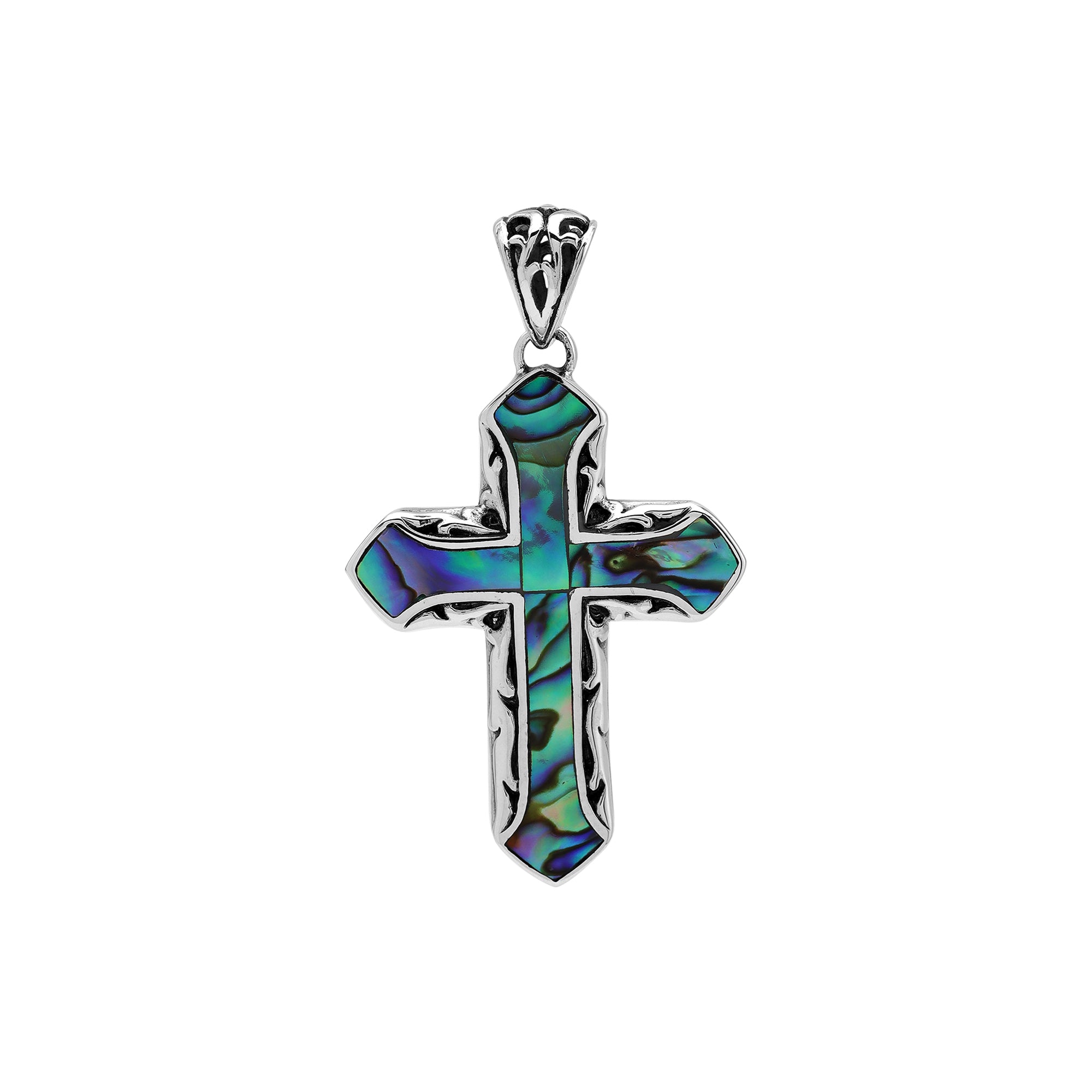 Sterling silver cross pendant with abalone shell inlay and Balinese silver detailing, wholesale artisan jewelry.