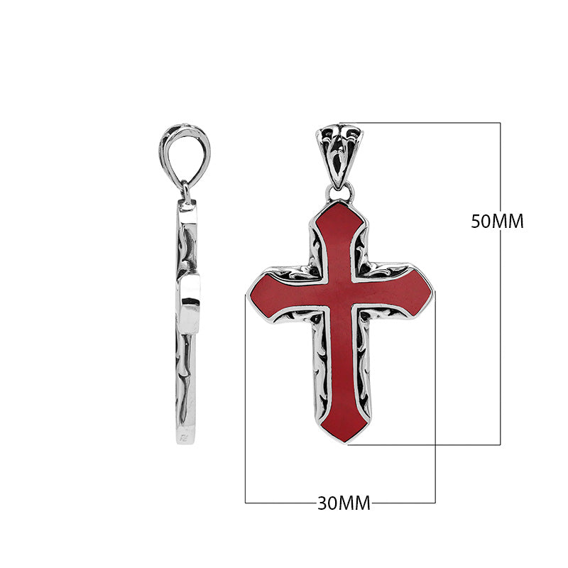 Sterling silver cross pendant with red coral inlay and Balinese scroll design, wholesale artisan jewelry.