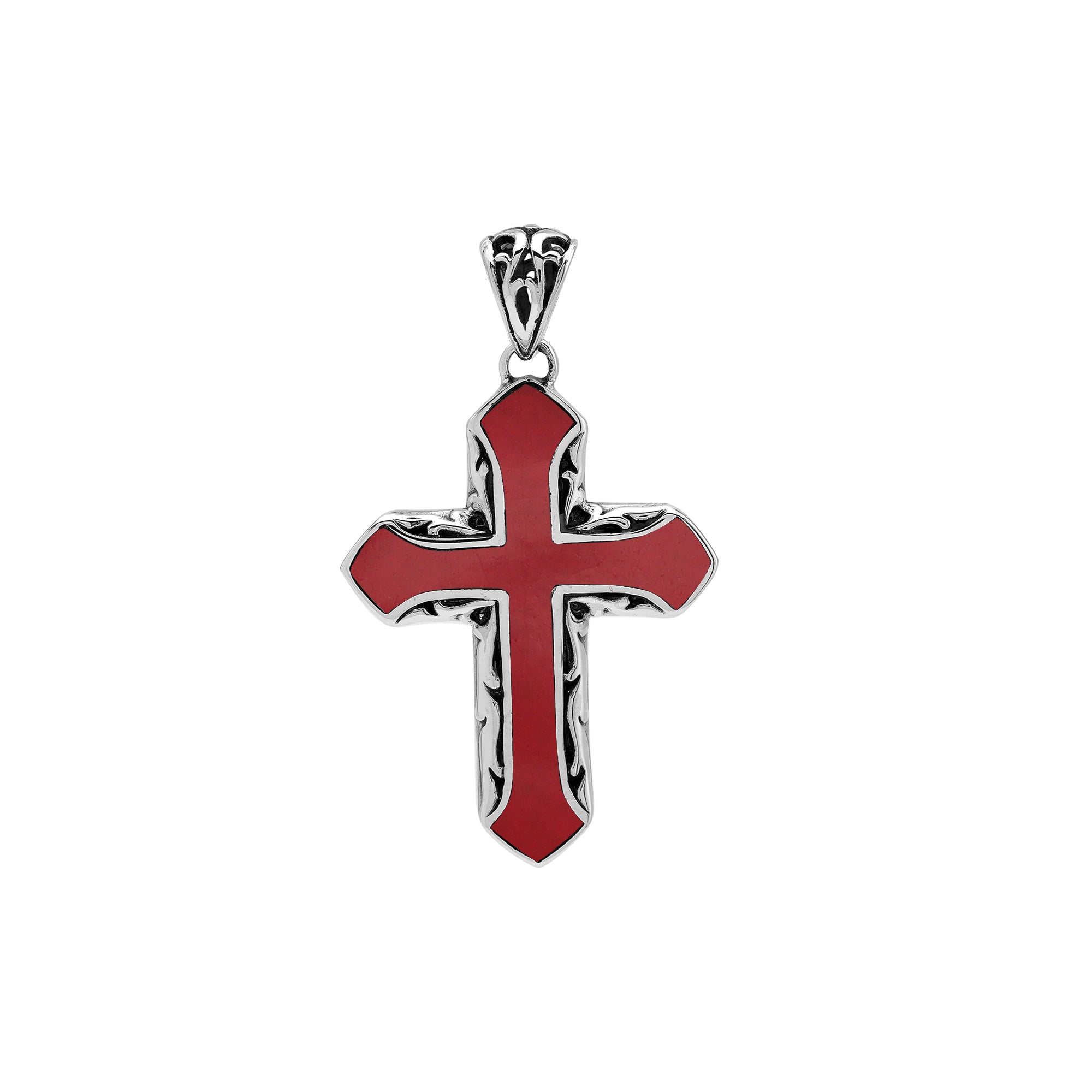 Sterling silver cross pendant with red coral inlay and Balinese scroll design, wholesale artisan jewelry.