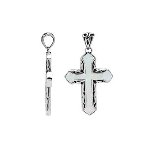 Sterling silver cross pendant with luminous mother of pearl inlay and Balinese silver detailing, wholesale artisan jewelry.