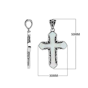 Sterling silver cross pendant with luminous mother of pearl inlay and Balinese silver detailing, wholesale artisan jewelry.