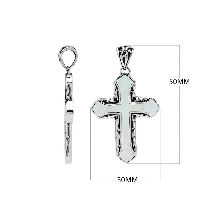Sterling silver cross pendant with luminous mother of pearl inlay and Balinese silver detailing, wholesale artisan jewelry.