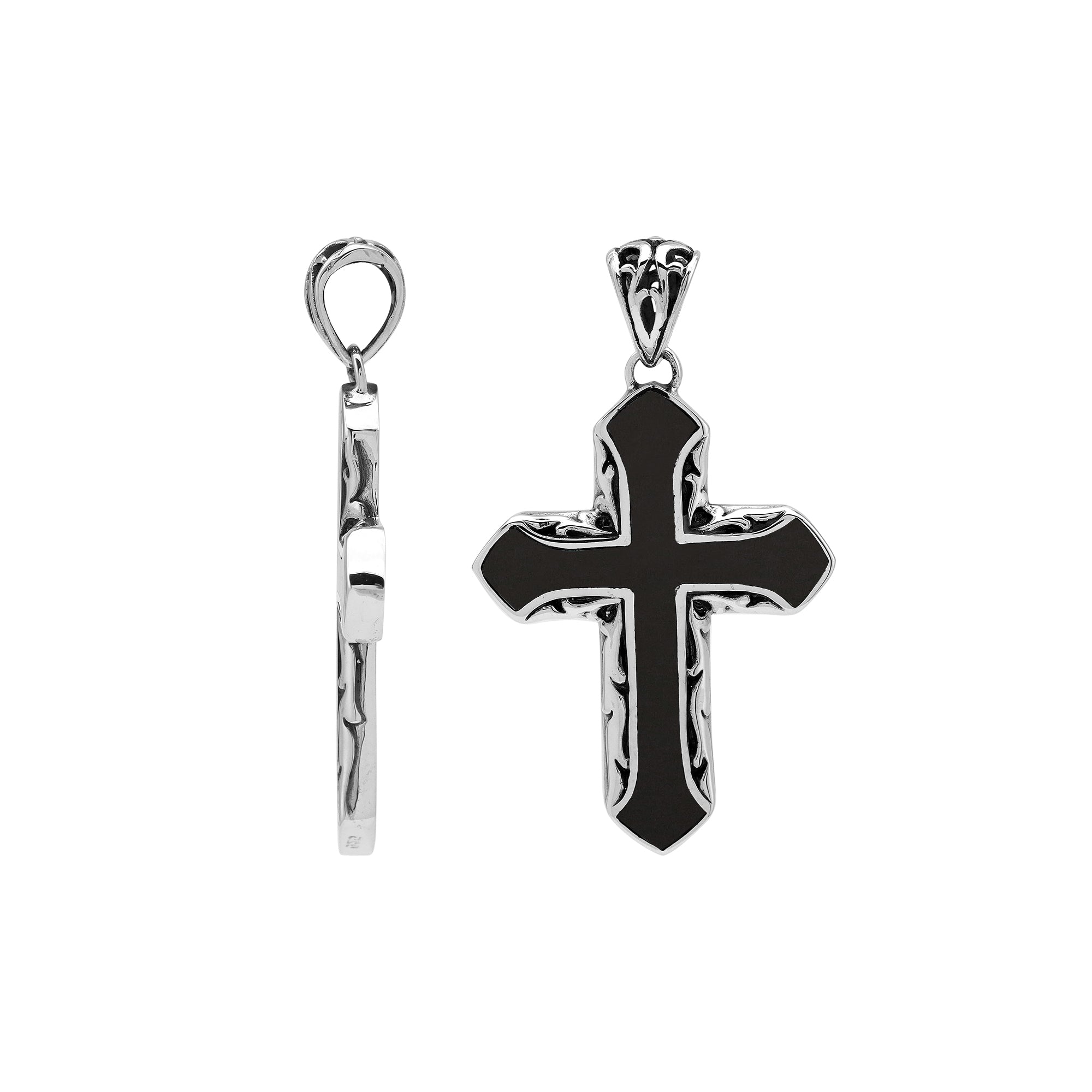Sterling silver cross pendant with black shell inlay and Balinese silver detailing, wholesale artisan jewelry.