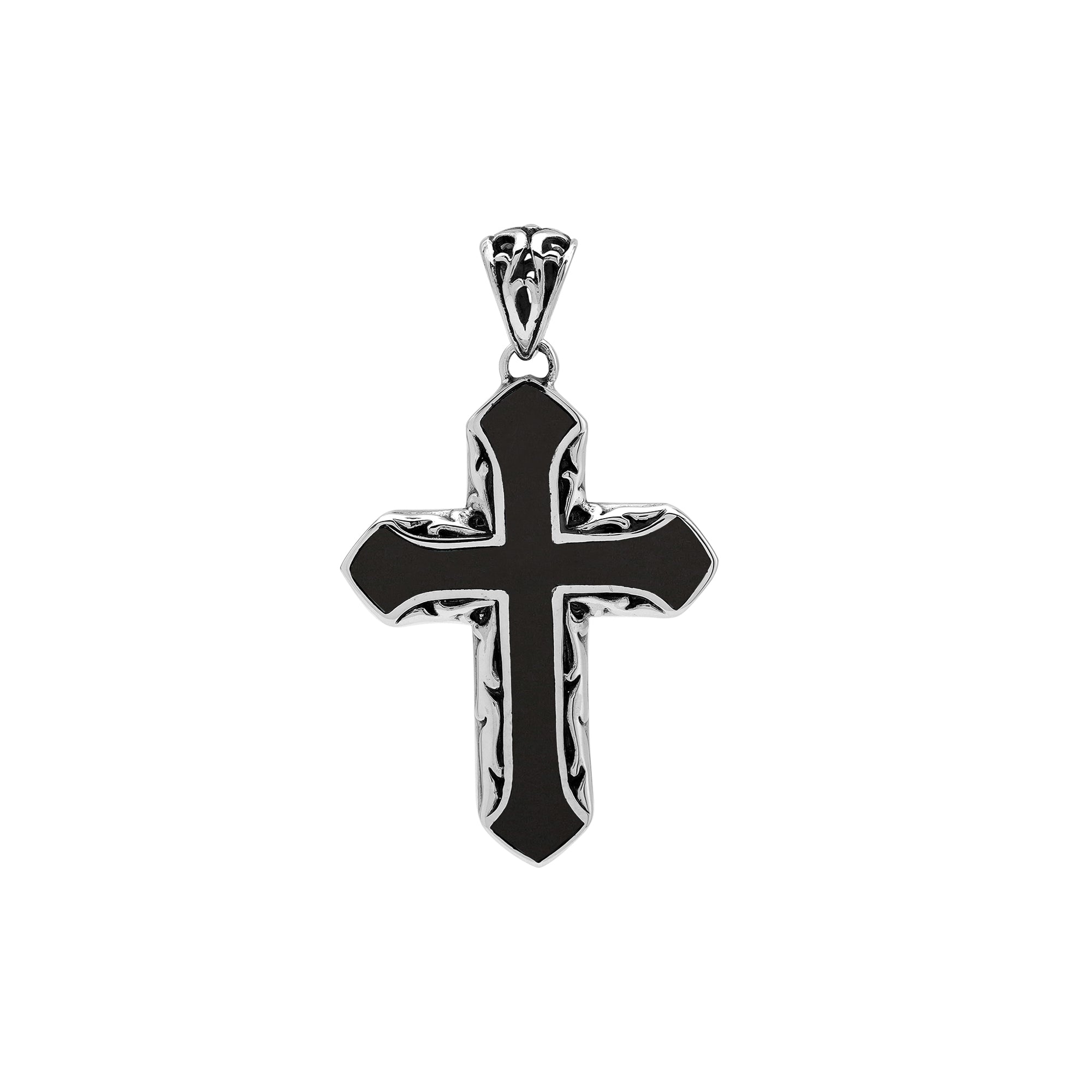Sterling silver cross pendant with black shell inlay and Balinese silver detailing, wholesale artisan jewelry.