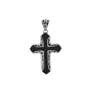 Sterling silver cross pendant with black shell inlay and Balinese silver detailing, wholesale artisan jewelry.